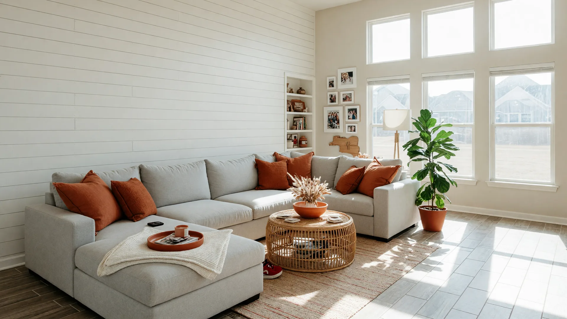 Bright open-concept living room in an Oklahoma suburban home with a gray sectional, rust-orange pillows, and large sunlit windows