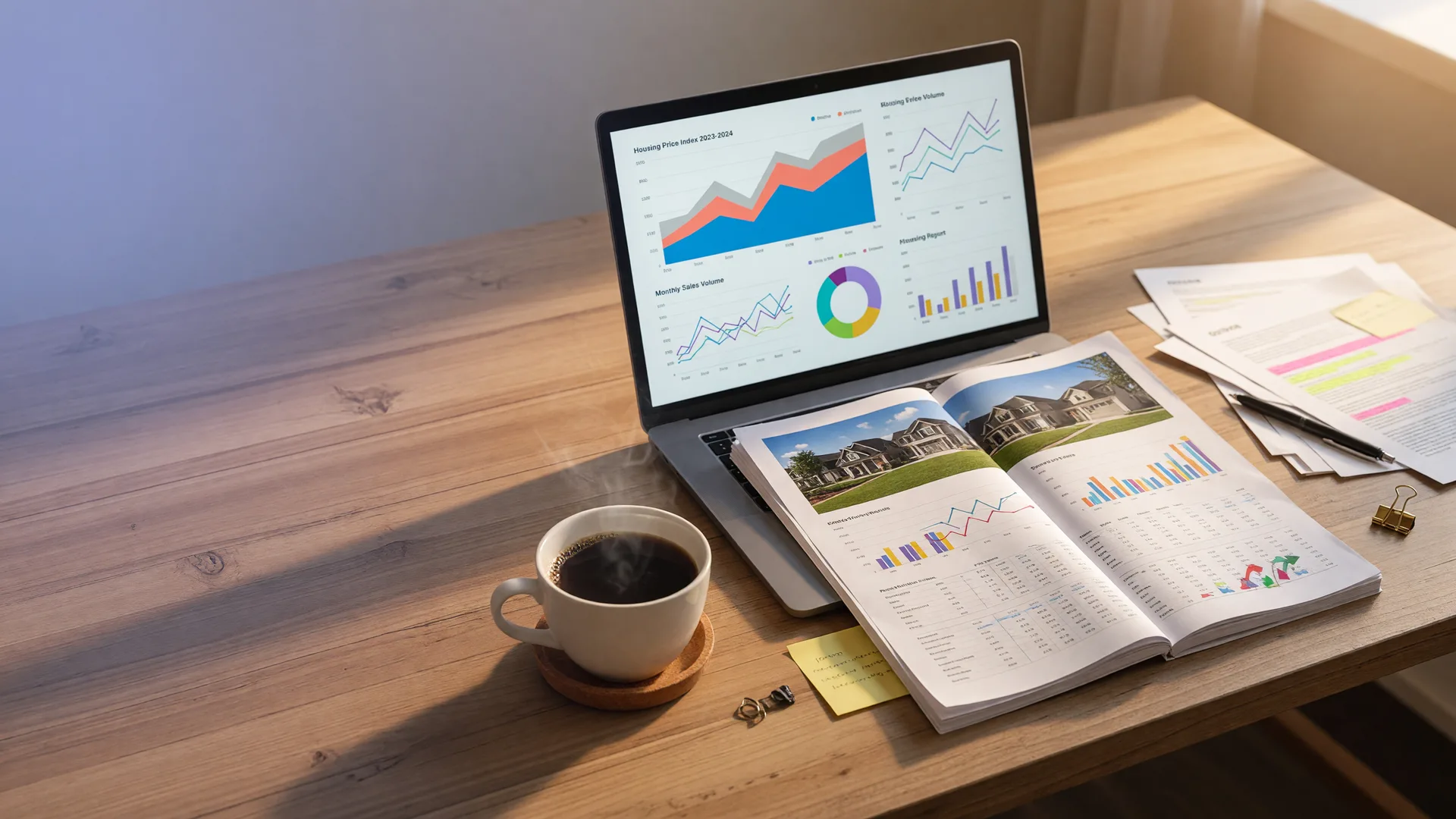 Professional real estate market report setup with laptop, coffee, and printed report on a wooden desk