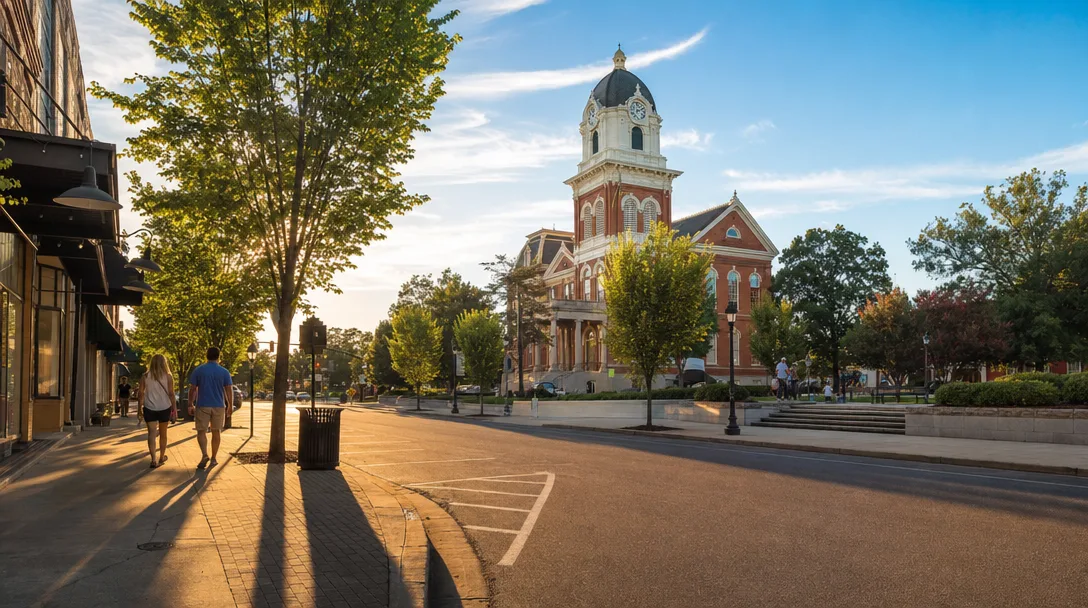 Historic downtown Canton, Georgia with the Cherokee County courthouse, local shops, and tree-lined streets on a sunny summer afternoon