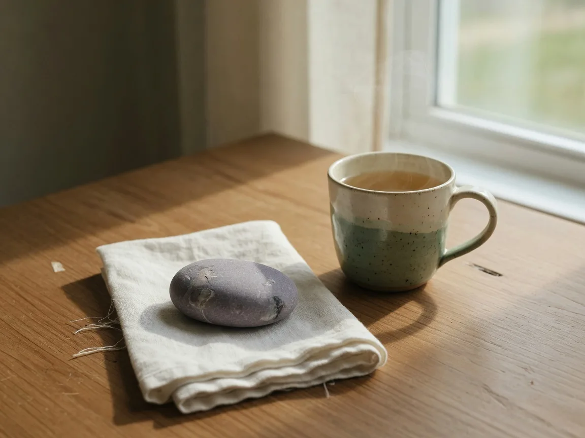 A smooth river stone resting on a folded linen napkin beside a steaming ceramic mug of tea on a warm wooden table in soft morning light