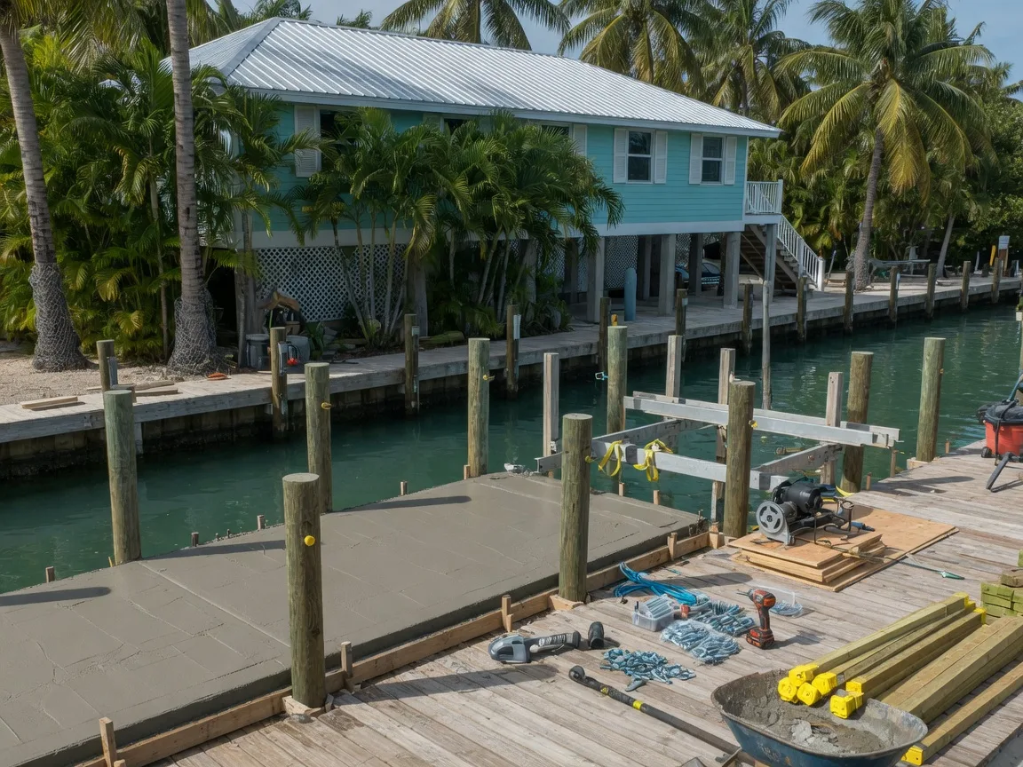 Waterfront dock repair work underway at a Florida Keys canal home in clear midday light, a freshly poured concrete seawall cap, new pressure-treated timber pilings, and a boat lift being reinstalled beside an elevated metal-roofed Keys home