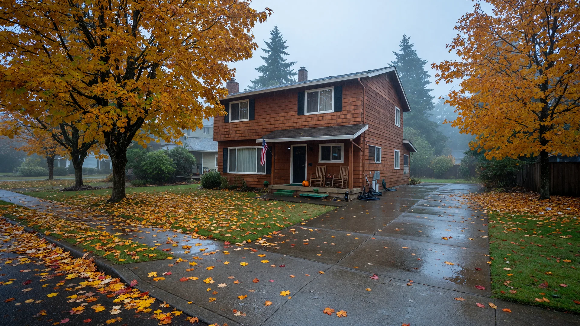 A two-story cedar-sided Pacific Northwest home on a misty autumn morning with golden maple leaves on the lawn and a rain-washed driveway