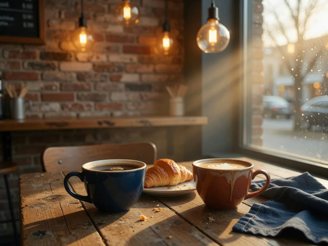 Two cups of coffee on a rustic wooden table in a cozy neighborhood coffee shop