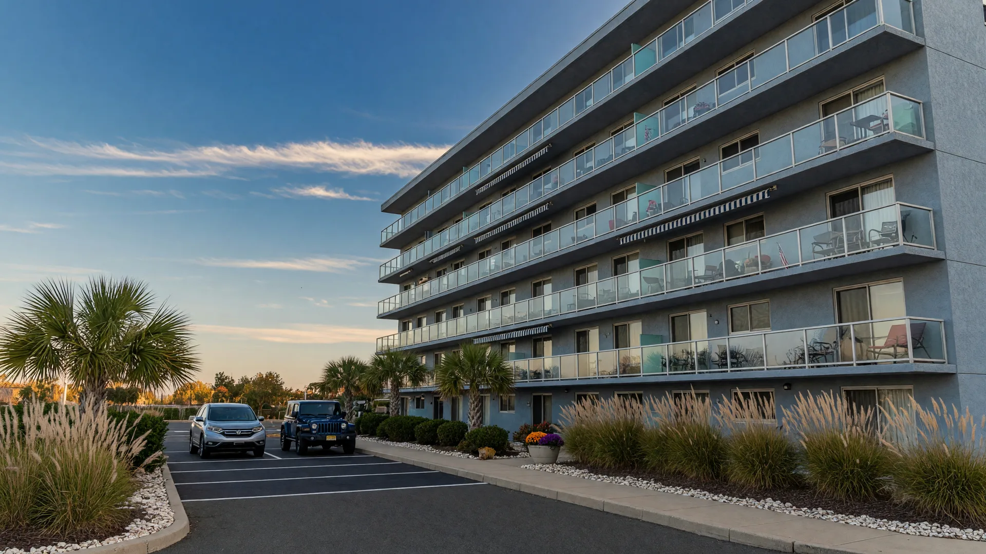 A mid-rise condominium building at the Jersey Shore with stacked balconies, glass railings, and a landscaped entry