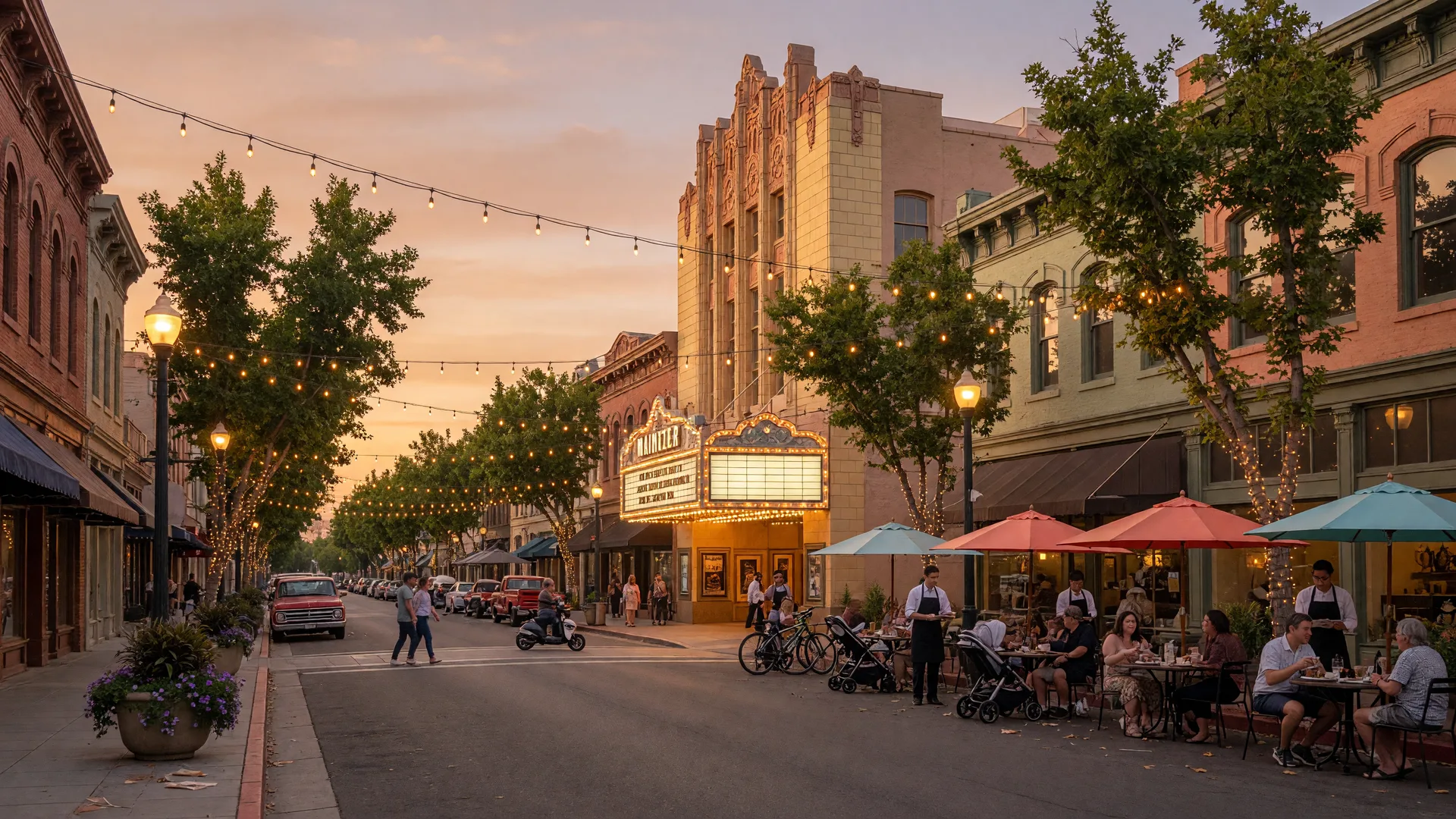 Downtown Merced Main Street at golden hour with historic buildings, string lights, outdoor dining, and the Mainzer Theater marquee