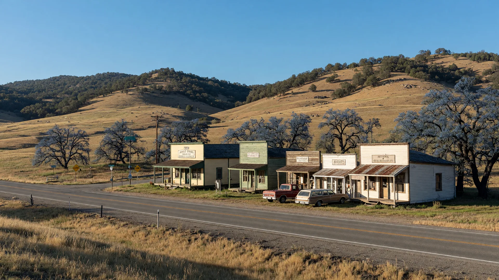 Quiet rural crossroads and rolling oak foothills in Shingle Springs, California
