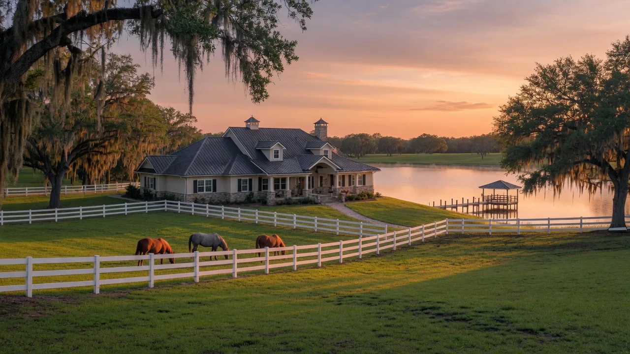 An Odessa, Florida equestrian estate at golden hour, with a custom home on rolling pasture, white board horse fencing, a paddock, and a calm lake with a private dock framed by moss-draped live oaks