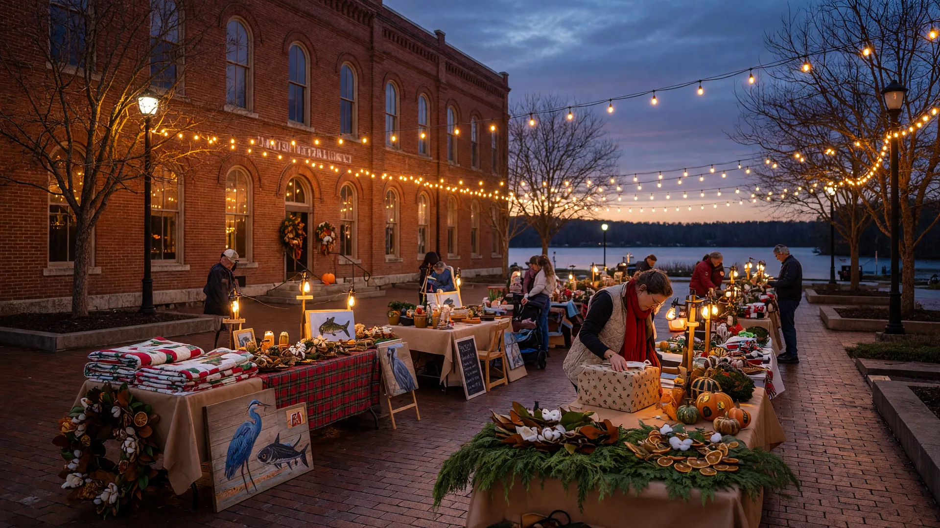 A small Georgia lake town holiday market at dusk, warm string lights over wooden maker tables of crafts beneath a historic brick arts building