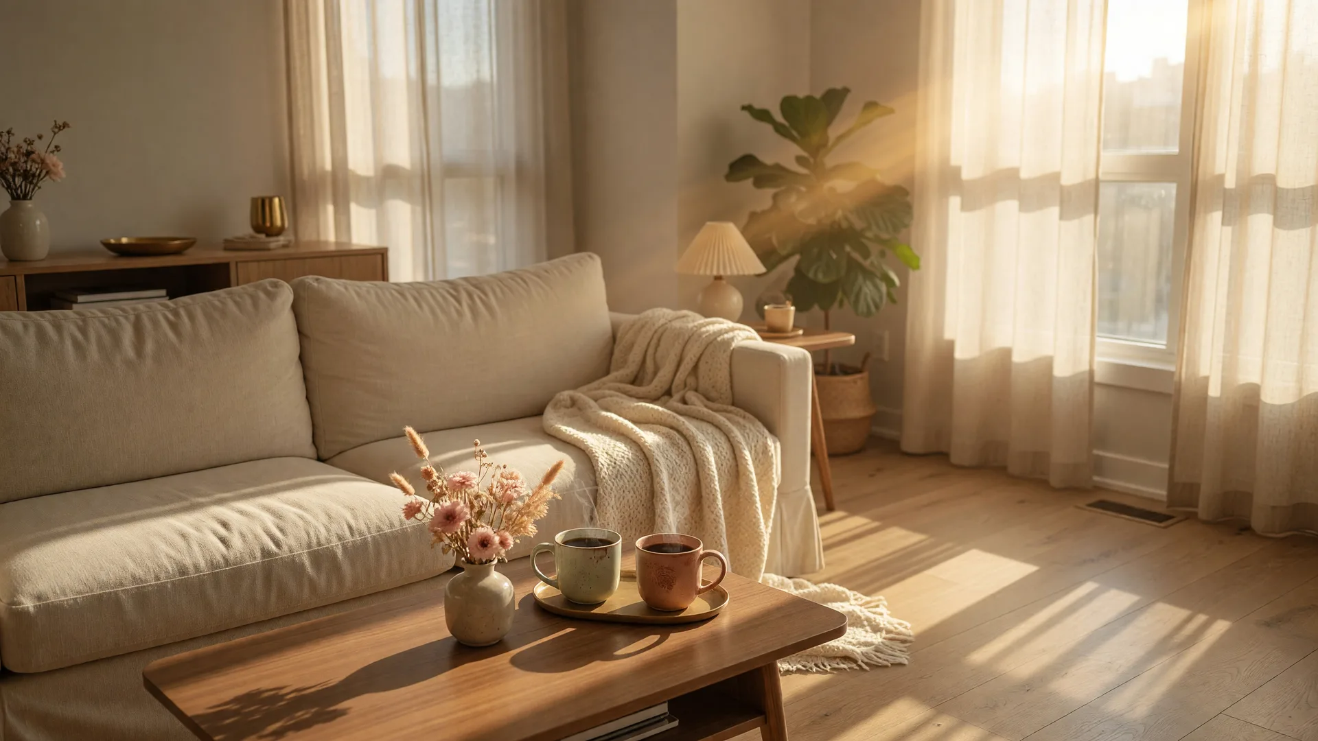 Cozy Toronto condo living room in golden morning light, with two coffee mugs on a coffee table and floor-to-ceiling windows