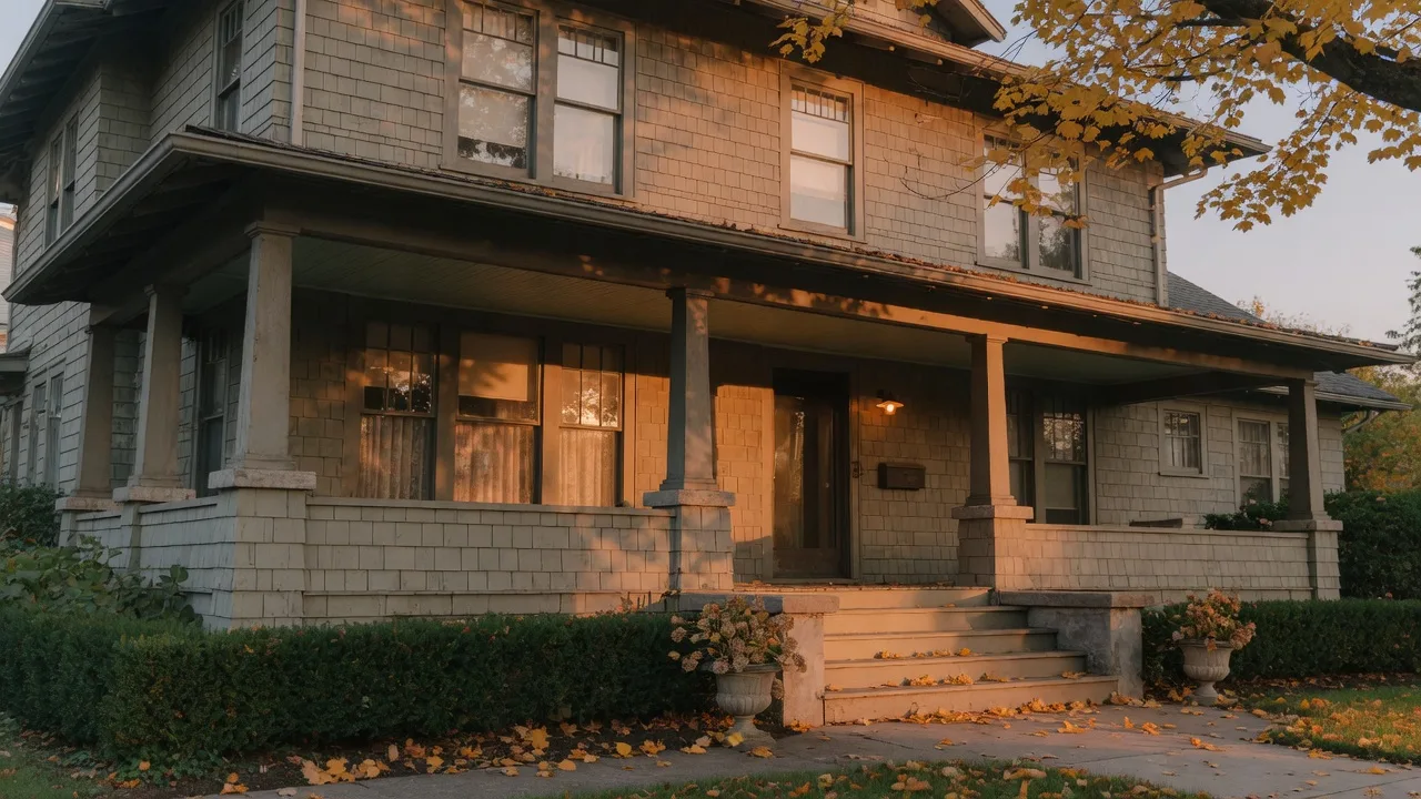 An older craftsman home with a covered porch in warm golden-hour light