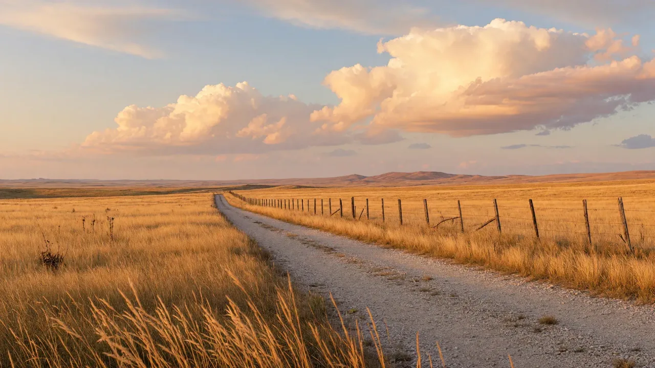 A long gravel drive heading toward distant hills through golden grassland under a big sky