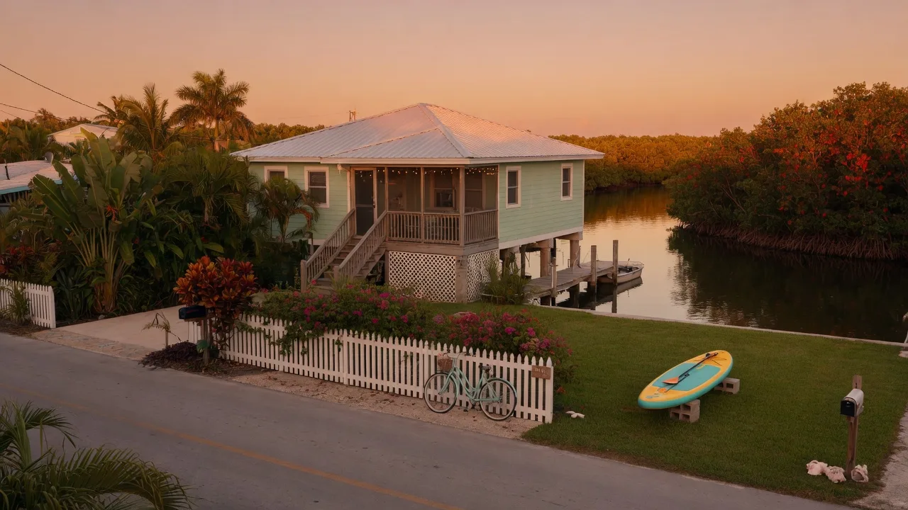 A quiet family-friendly waterfront street in the Upper Florida Keys at golden hour, an elevated metal-roofed Keys home with a lush tropical yard, a bicycle leaning against a white picket fence, and a calm mangrove-lined canal behind