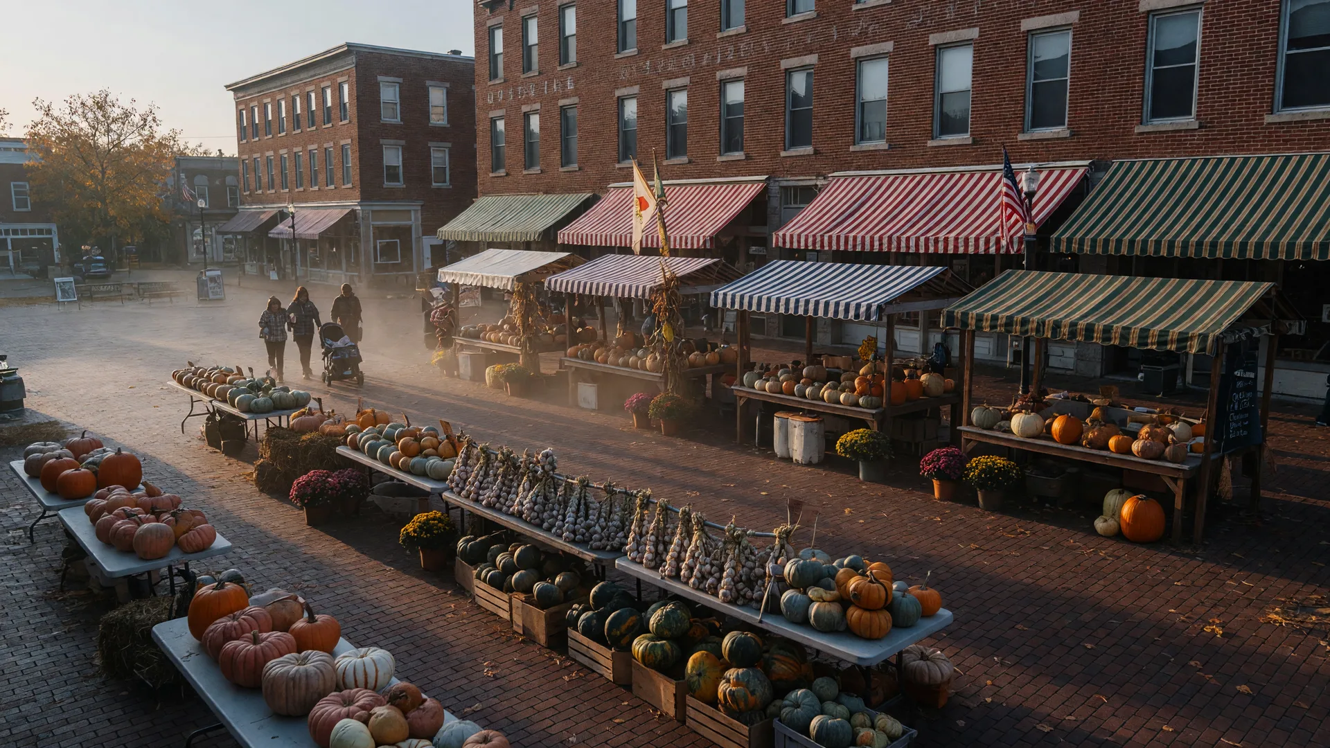 Vendor stalls piled with garlic braids, squash, and pumpkins along a brick square in a small Pennsylvania town on a crisp October morning