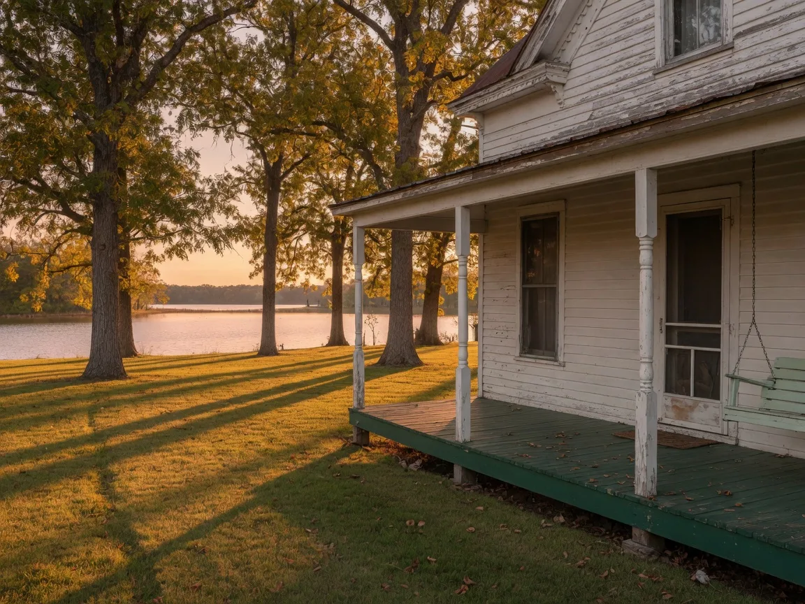 Weathered white clapboard side and covered porch of a historic Southern farmhouse at golden hour, with mature pecan trees casting long shadows across a flat lawn and a lake shimmering in the distance