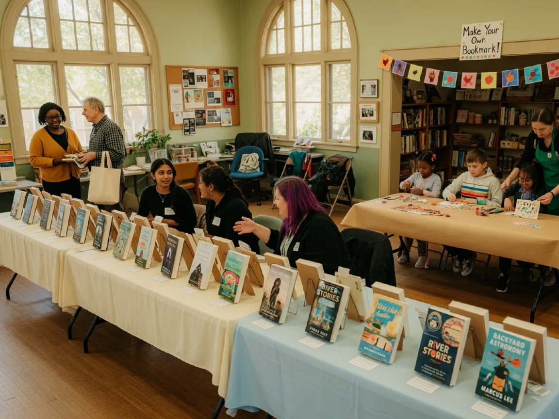 A library community room set up for a local author fair, with tables displaying books and a craft corner, warm natural light through large windows