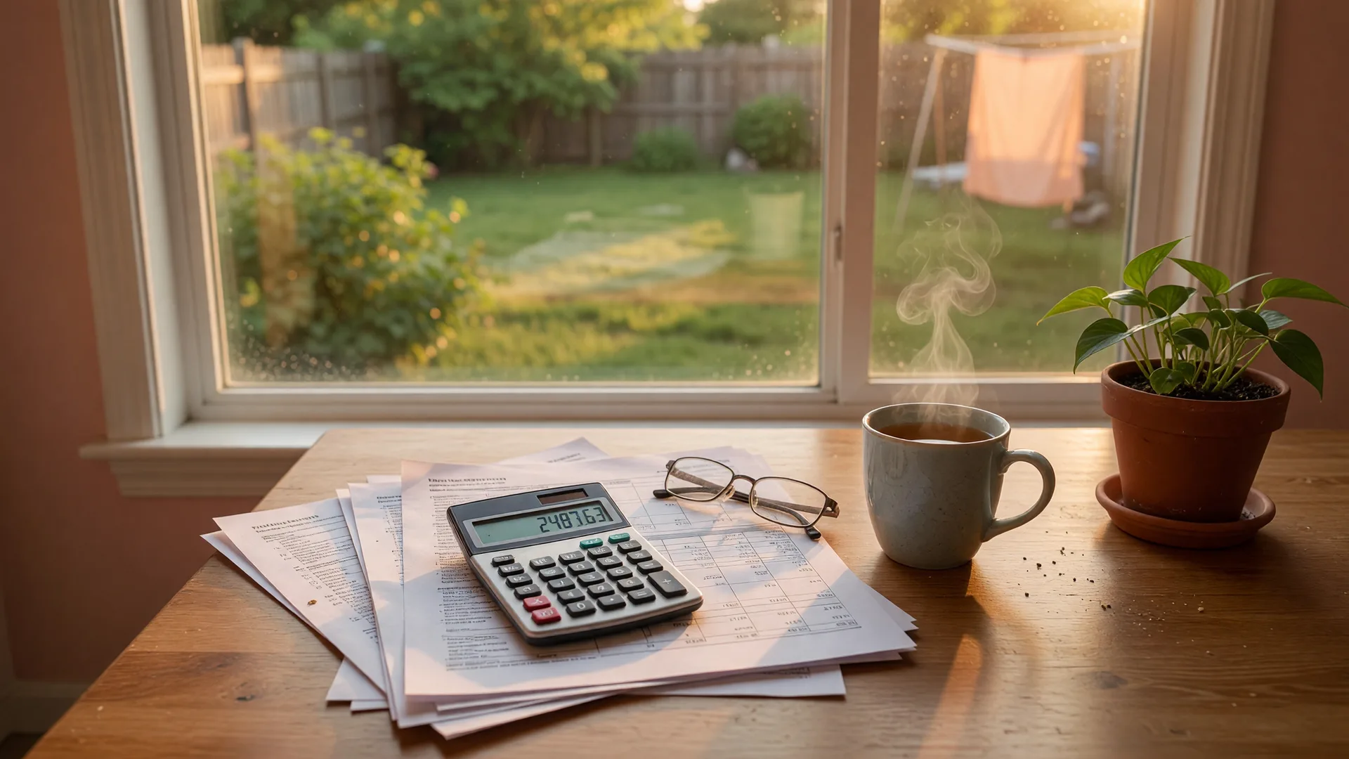 A sunlit dining table with benefit statements, a calculator, reading glasses, and a mug of tea beside a window