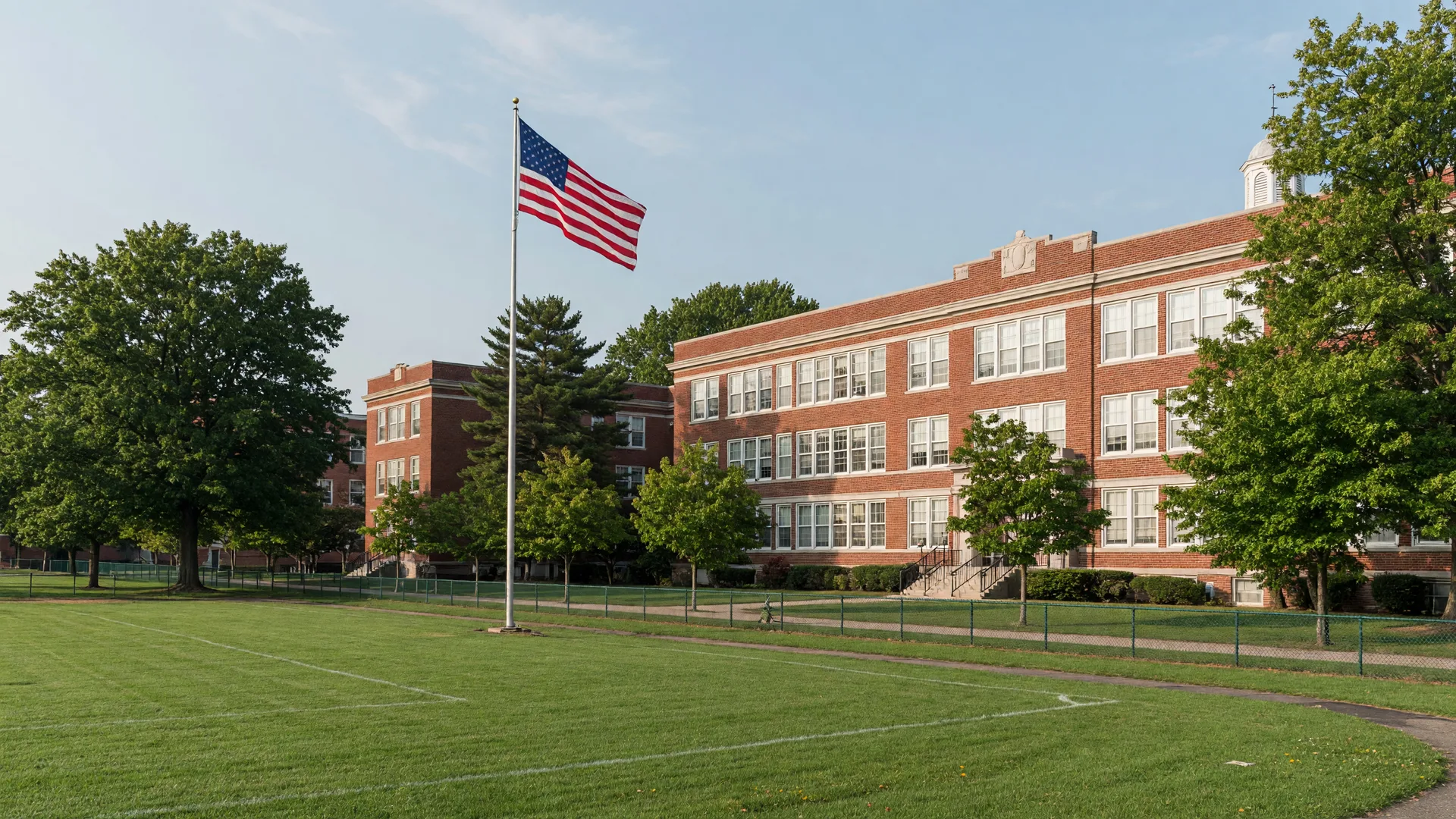 Modern public school building in Essex County New Jersey with brick architecture and green playing fields on a sunny late-summer morning