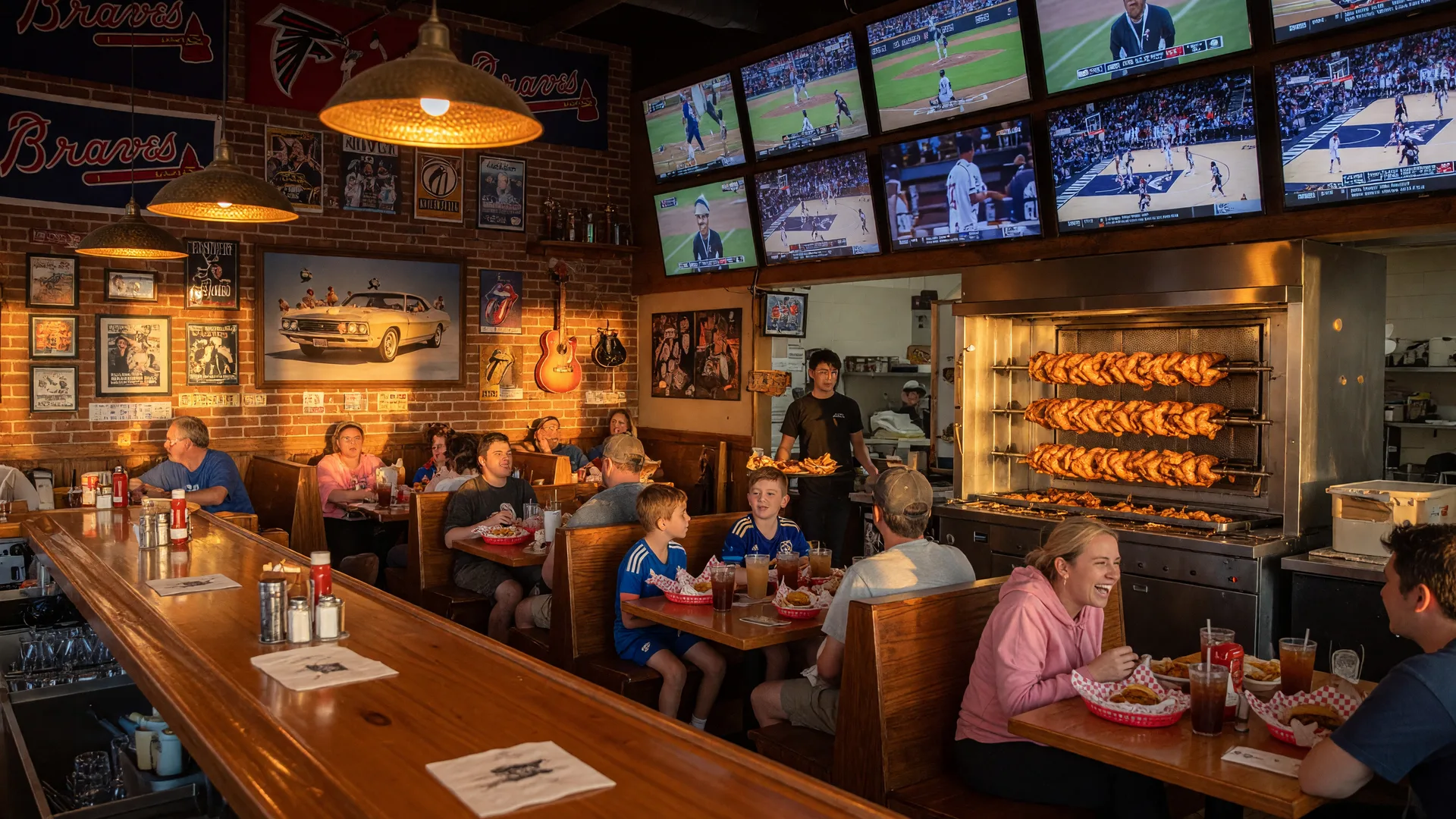 The warm interior of Rick Tanner's Grille and Bar in Dacula Georgia, a family-friendly chicken restaurant and sports bar with a glowing rotisserie oven, wall of flat-screen TVs, bar, and rock memorabilia
