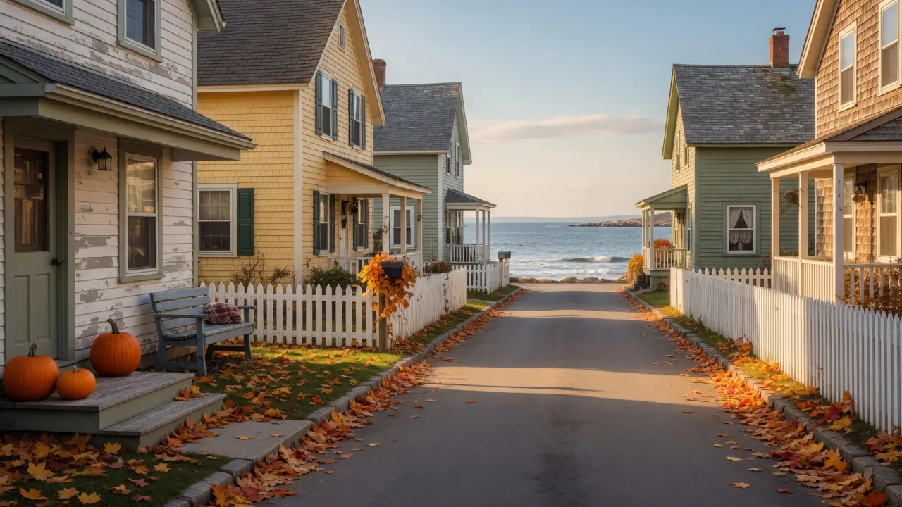 Quiet street of New England coastal cottages in autumn with golden afternoon light