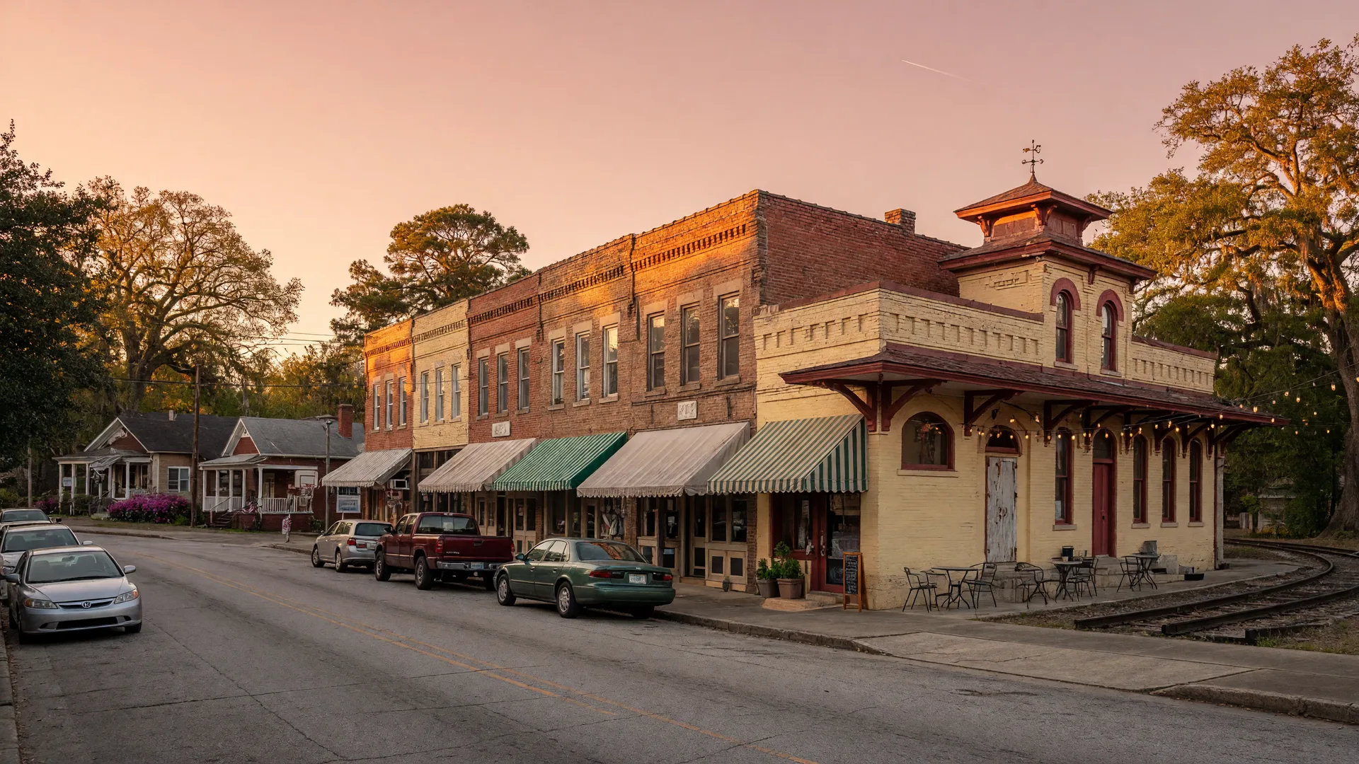 Hapeville, Georgia's walkable downtown on North Central Avenue at golden hour, with brick storefronts, a restored railroad depot, and craftsman bungalows on the side streets