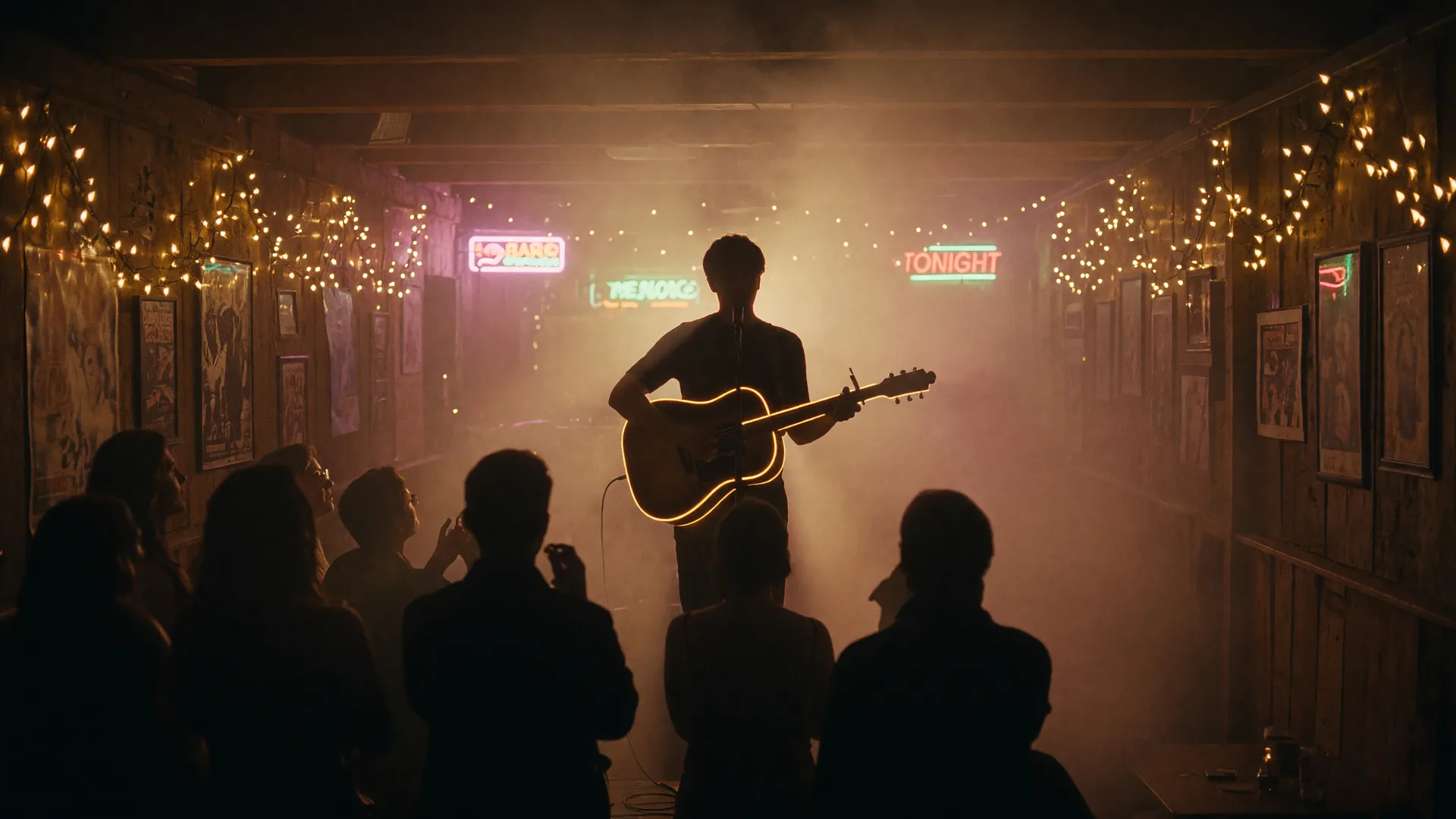 A solo singer-songwriter silhouetted with an acoustic guitar on a small stage inside a rustic Texas smokehouse, warm string lights glowing above