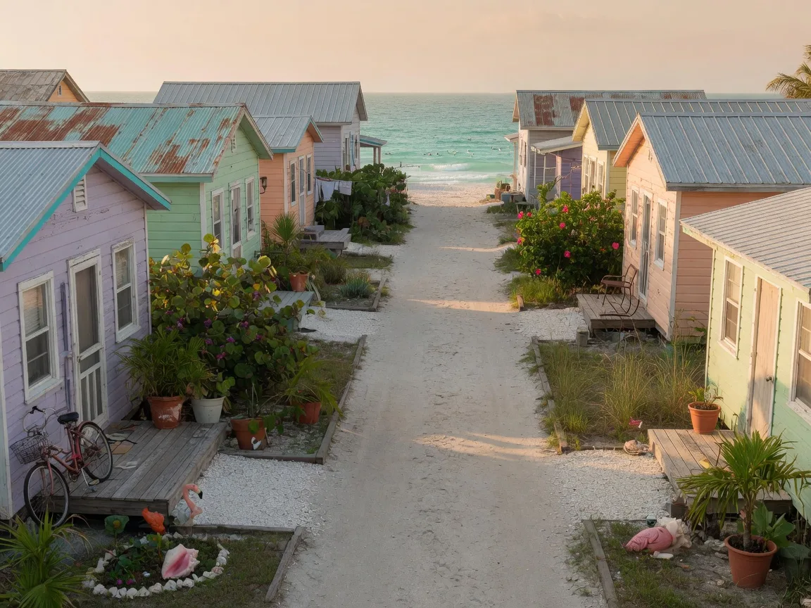 A sandy lane on Anna Maria Island lined with small pastel-painted beach cottages, tin roofs, shell walkways, and palms, with the Gulf visible at the end of the street