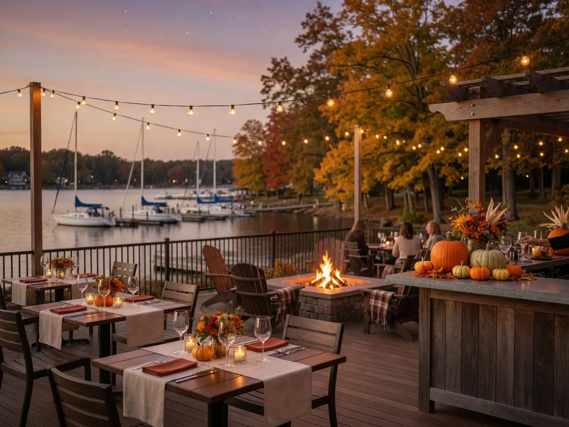 An upscale lakeside restaurant patio in Cornelius at October twilight with wooden dinner tables under string lights, pumpkin and gourd fall decor on the bar, a glowing fire pit at the water's edge, and a sailboat harbor behind golden autumn trees