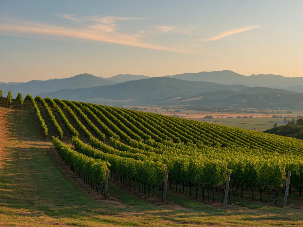 Vineyard rows in the Willamette Valley hills under warm late-afternoon light