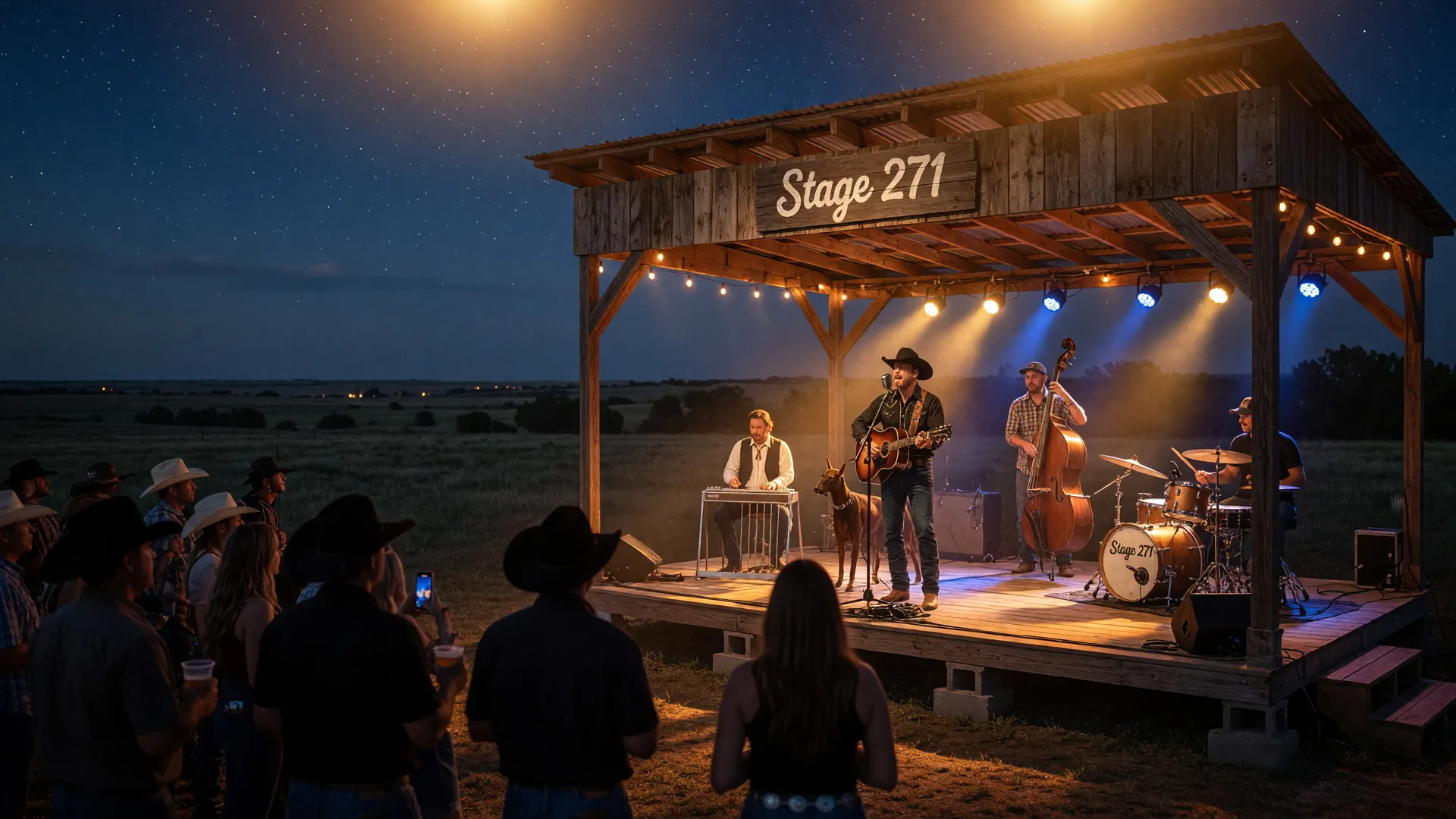 Outdoor concert venue with a country music band performing on stage under warm amber and blue lights at night in Grant, Oklahoma