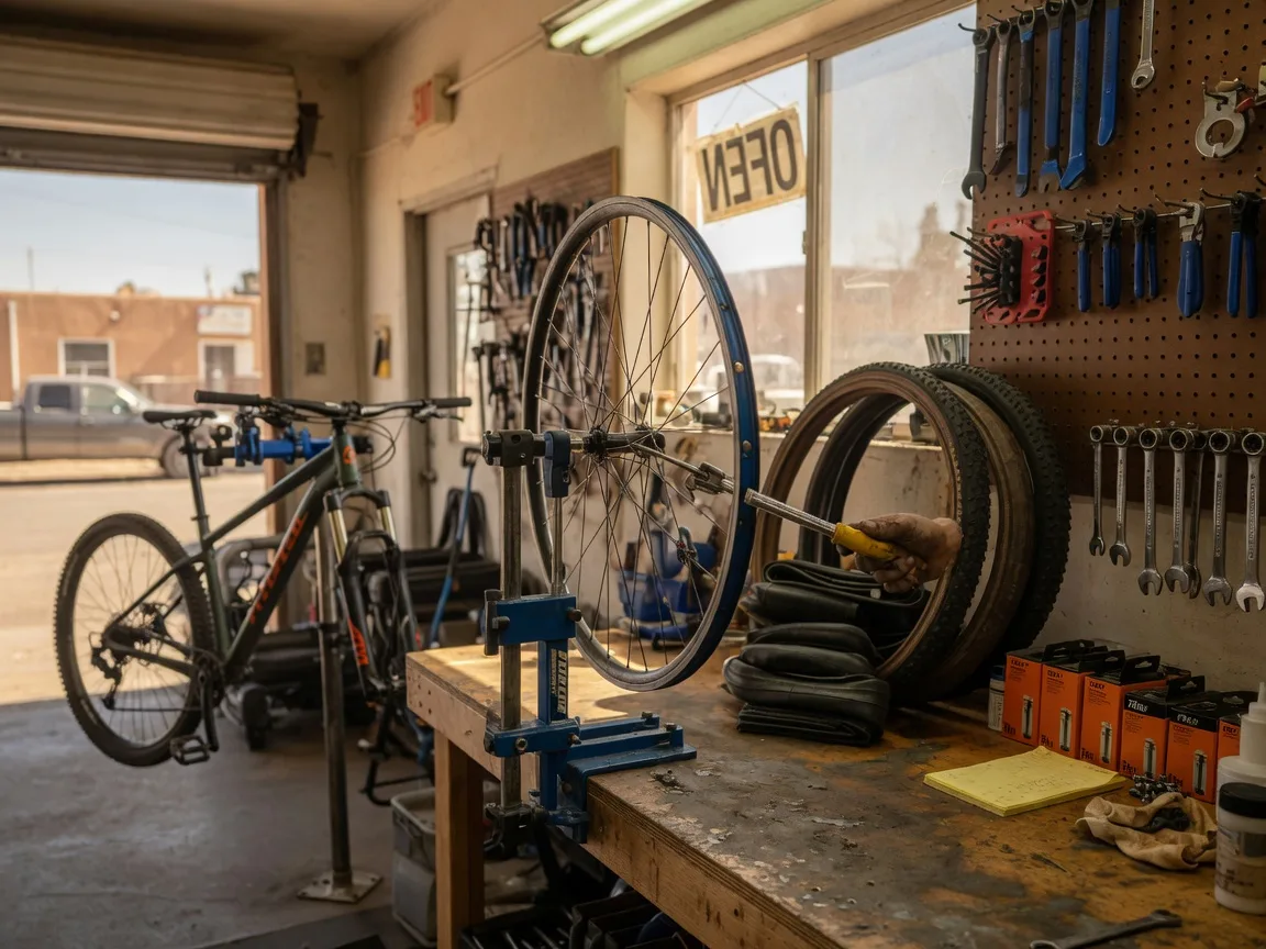 A mechanic's workbench at Bikeworks Albuquerque with a wheel being trued on a stand, tools, spare tires and tubes neatly arranged, and a mountain bike waiting in the service bay