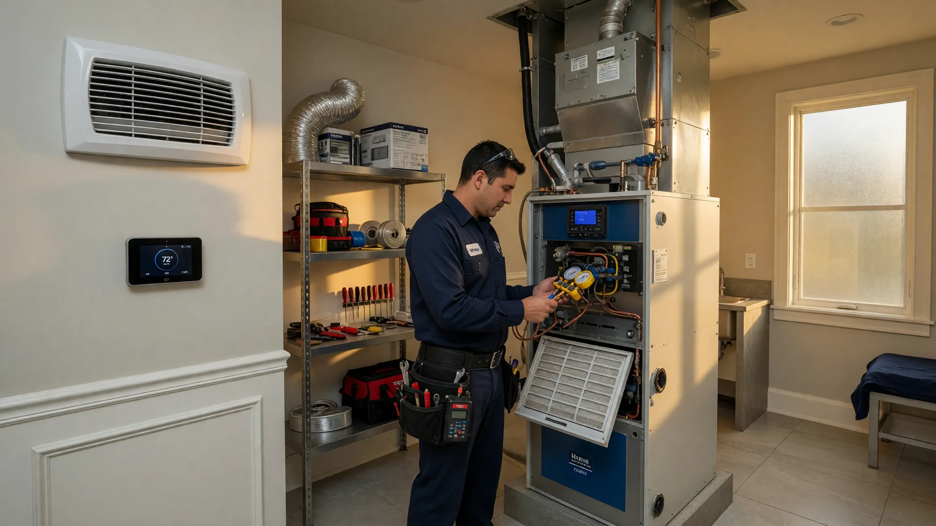 A technician in a navy uniform servicing the high-efficiency HVAC system in the utility room of an upscale home