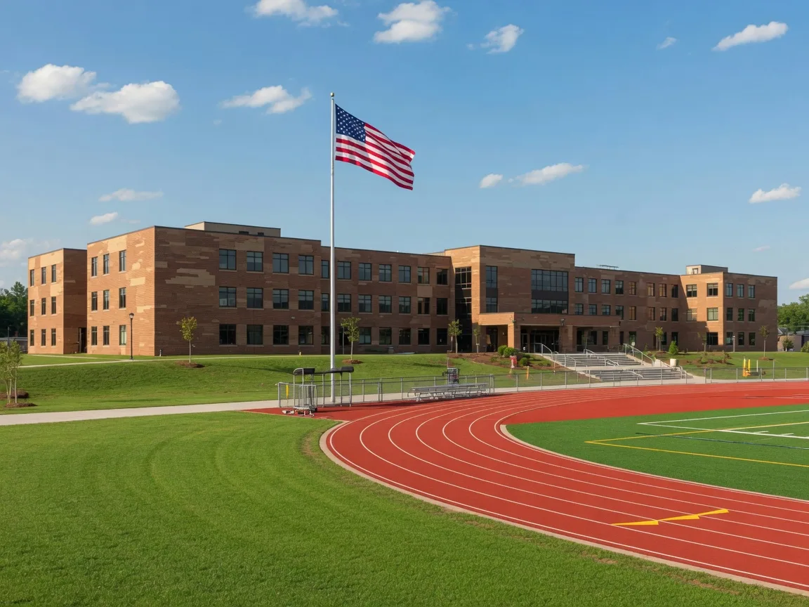 C.D. Hylton High School in Dale City, Virginia with its modern brick facade and athletic fields on a sunny day