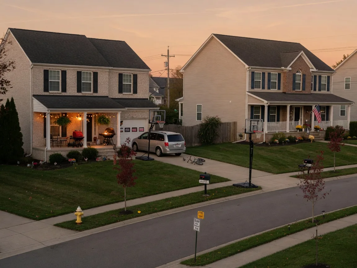 A neighborly suburban street with sidewalks, brick and vinyl family homes with front porches, and warm golden-hour light
