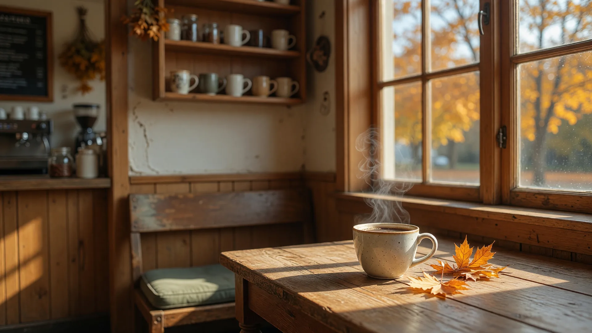 Cozy coffee shop corner with warm golden window light on a crisp early-fall morning