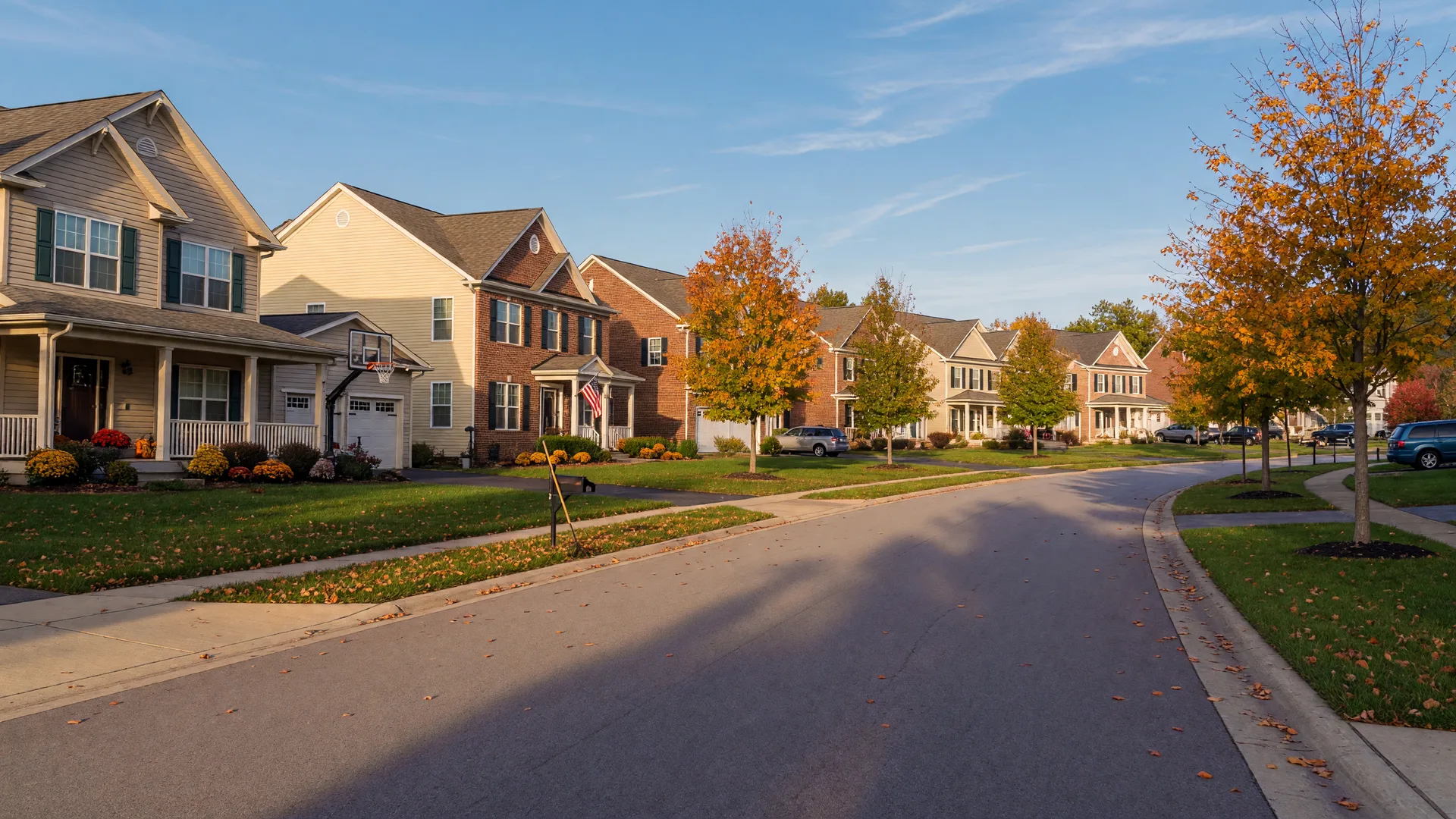 A newer two-story craftsman and brick-trimmed colonial homes on a curving suburban street in Beavercreek, Ohio in mid-October, maples and oaks turning orange and gold in warm late-afternoon light
