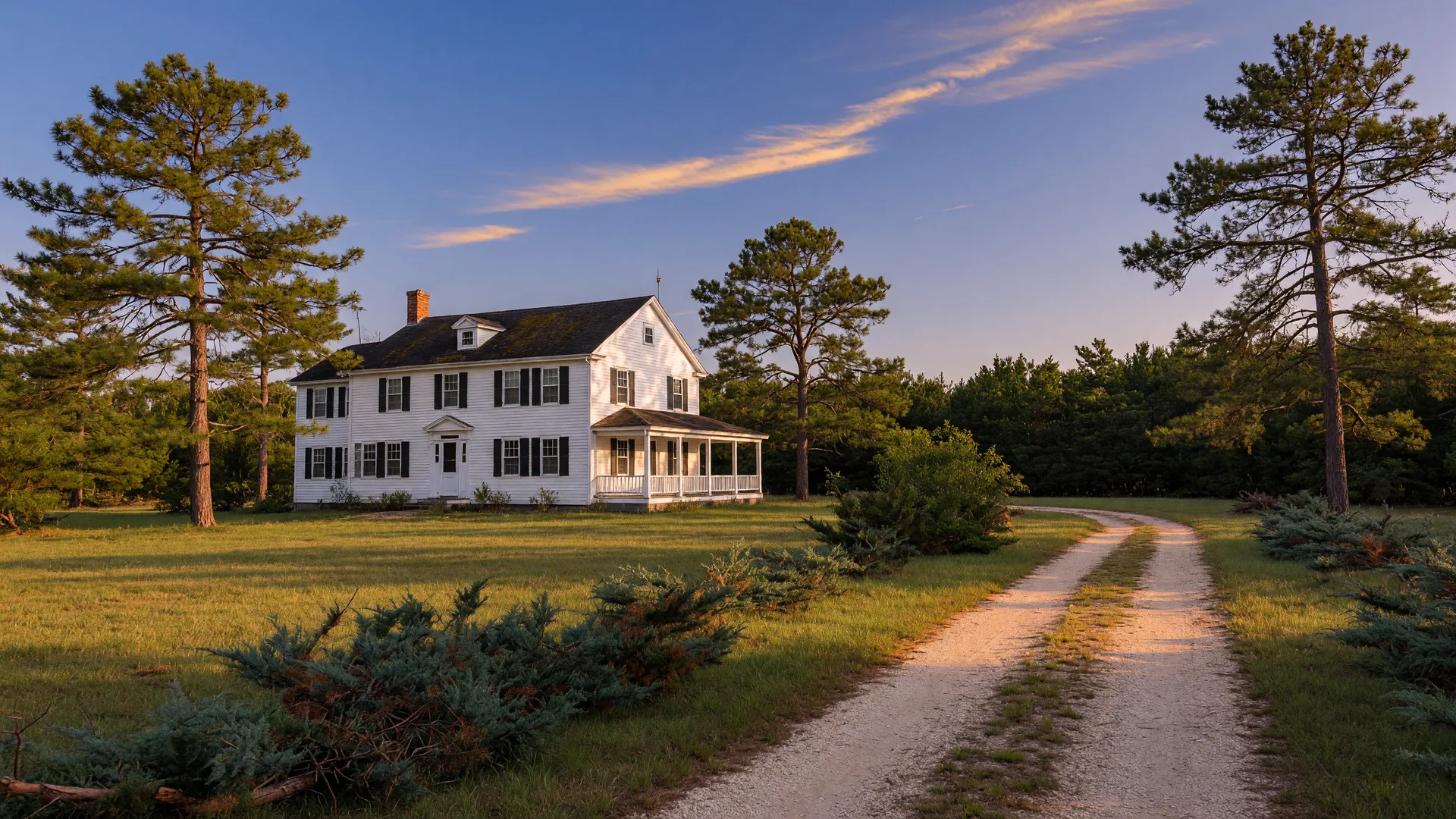 Two-story colonial farmhouse on a large grassy lot in Tabernacle Township surrounded by tall pitch pines, golden late-afternoon light