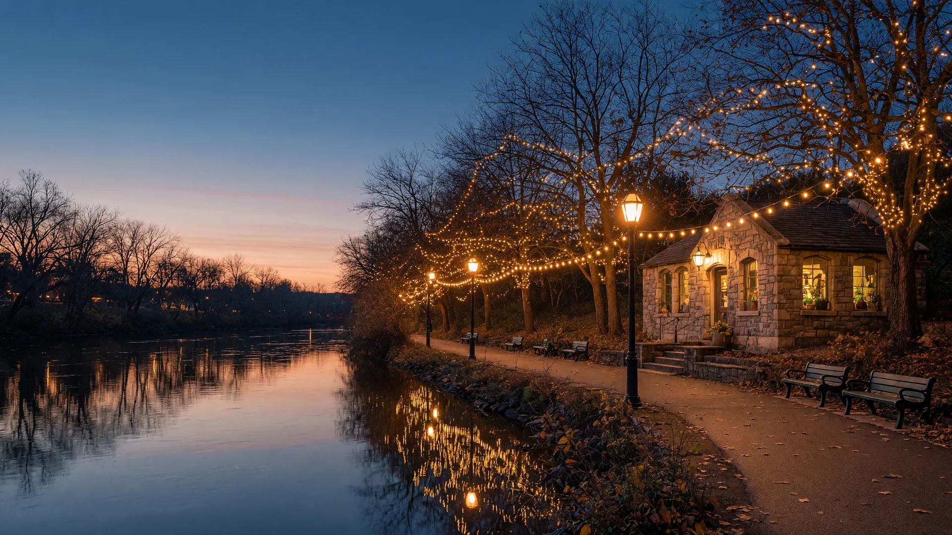 A riverfront trail with warm string lights glowing at dusk in Conshohocken, Pennsylvania