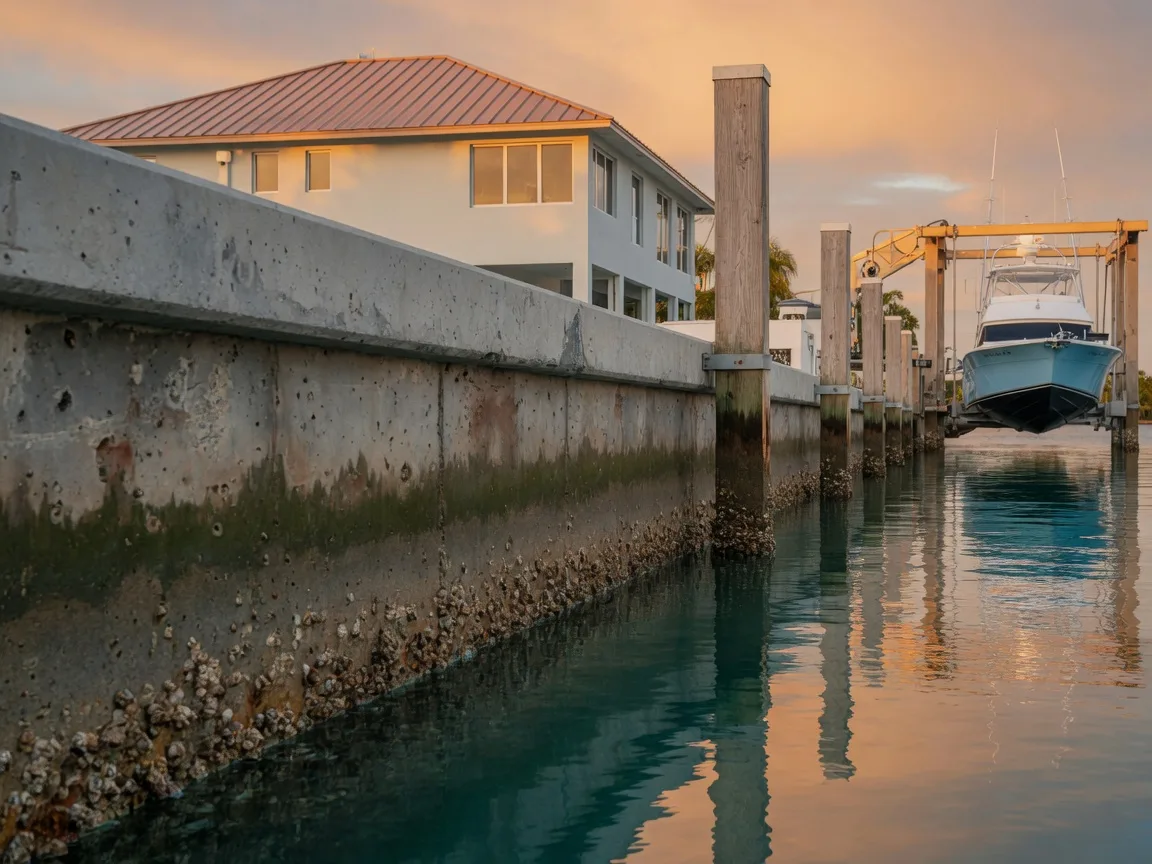 A close view of a reinforced concrete seawall and clean dock pilings at the waterline of a deep-water canal in the Florida Keys at golden hour, an elevated luxury waterfront home with a standing-seam metal roof above and a boat lift holding a sportfishing yacht