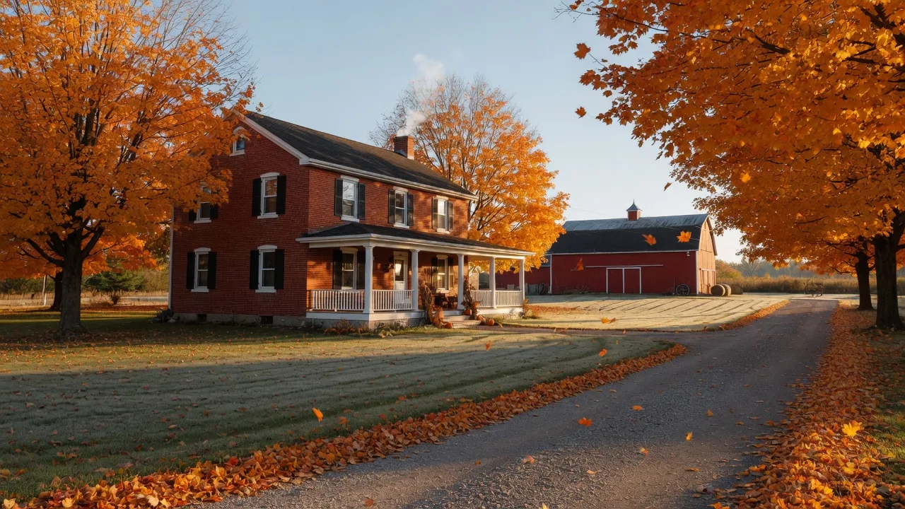 A classic red brick farmhouse on a country lot near Port Perry, Ontario on a crisp October morning, with sugar maples in orange and gold lining a gravel laneway, a covered front porch, and a red barn across a mowed field
