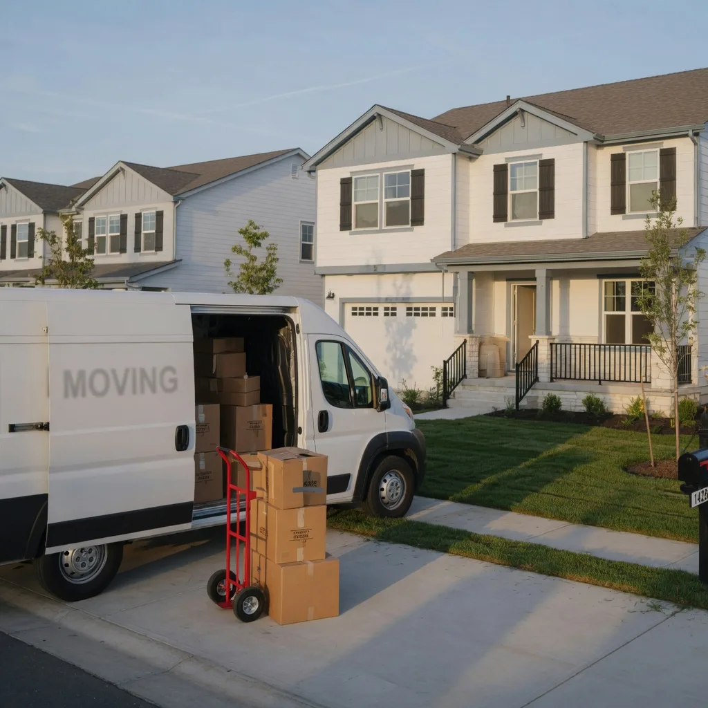 A moving van parked in front of a suburban home