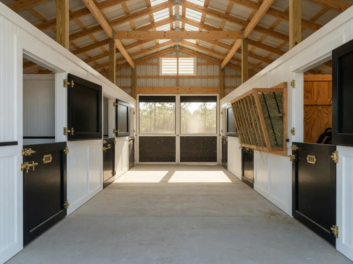 The bright, airy center aisle of a newly finished horse barn with white stall fronts, Dutch doors, and an open-rafter ceiling letting in soft daylight