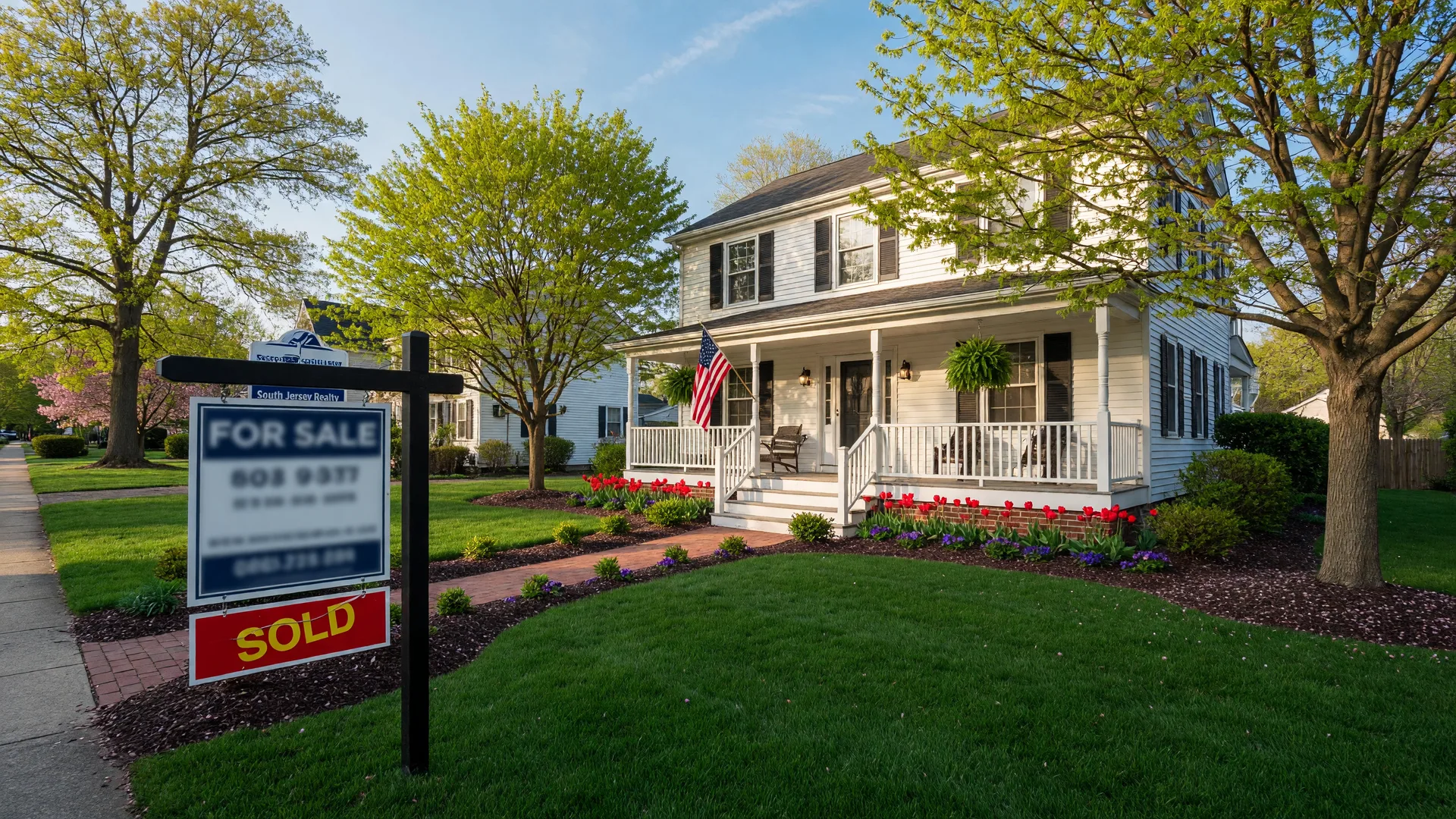 Sold sign in front of a well-maintained colonial home in South Jersey with manicured lawn and mature trees