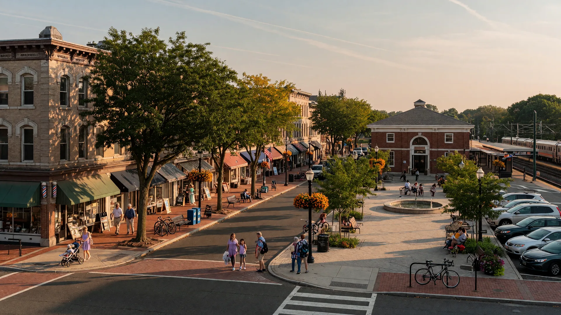 Historic downtown Bloomfield New Jersey main street with brick storefronts and commuter rail station on a sunny late-summer afternoon