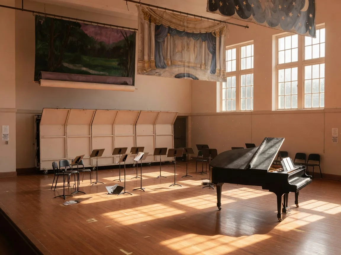A sunlit empty high school performing arts stage with a grand piano, music stands, and theatrical backdrops in warm afternoon light