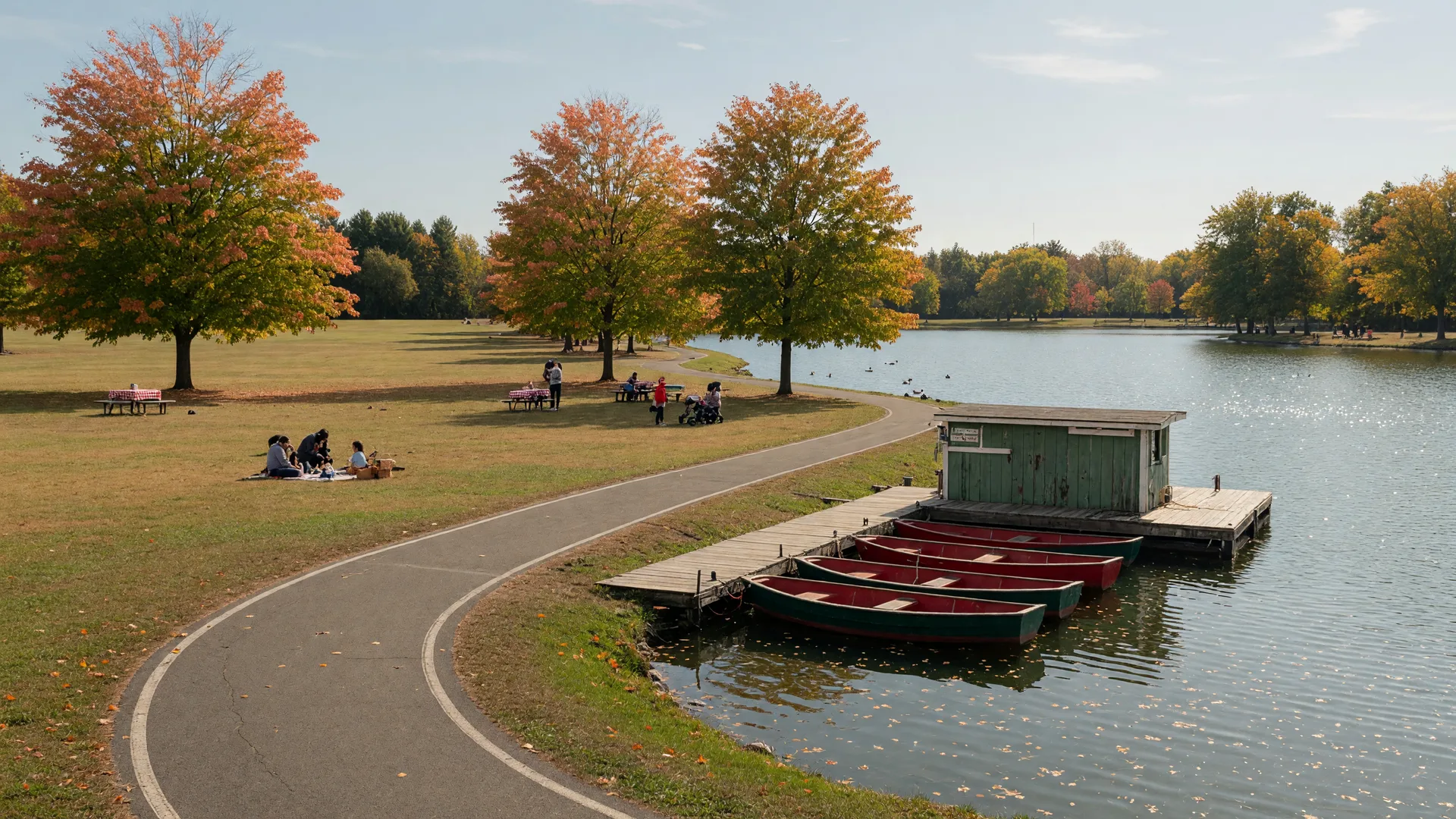 A county park lake on a clear autumn afternoon with a walking path, a boathouse dock, and mature trees