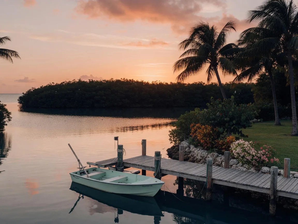 Golden-hour sunset over the protected bay side of the Florida Keys seen from a weathered wooden dock at a waterfront estate, with a moored flats skiff, a mangrove shoreline, and palm silhouettes on calm water