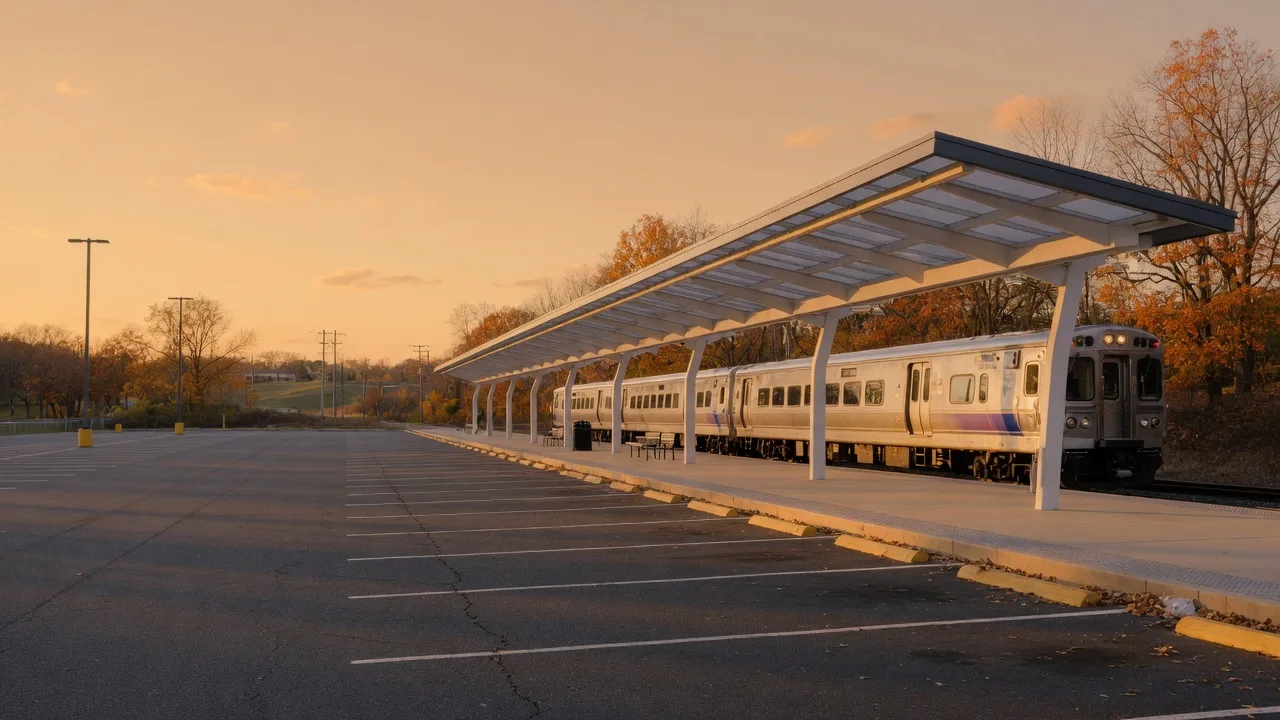 A modern commuter rail train at a suburban Virginia VRE station platform in late-afternoon light, with autumn trees along the tracks