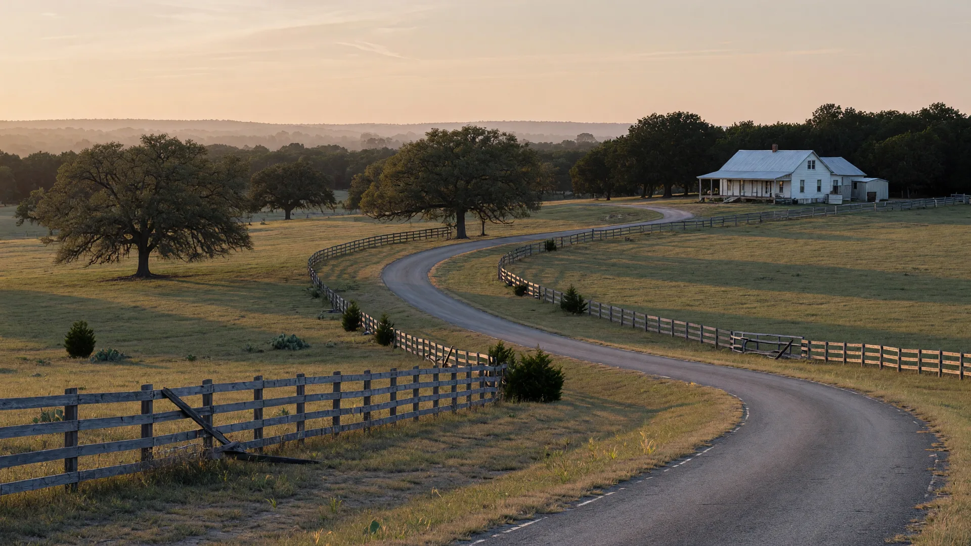 Rolling Comal County pasture with live oaks, fences and a county road at late afternoon light