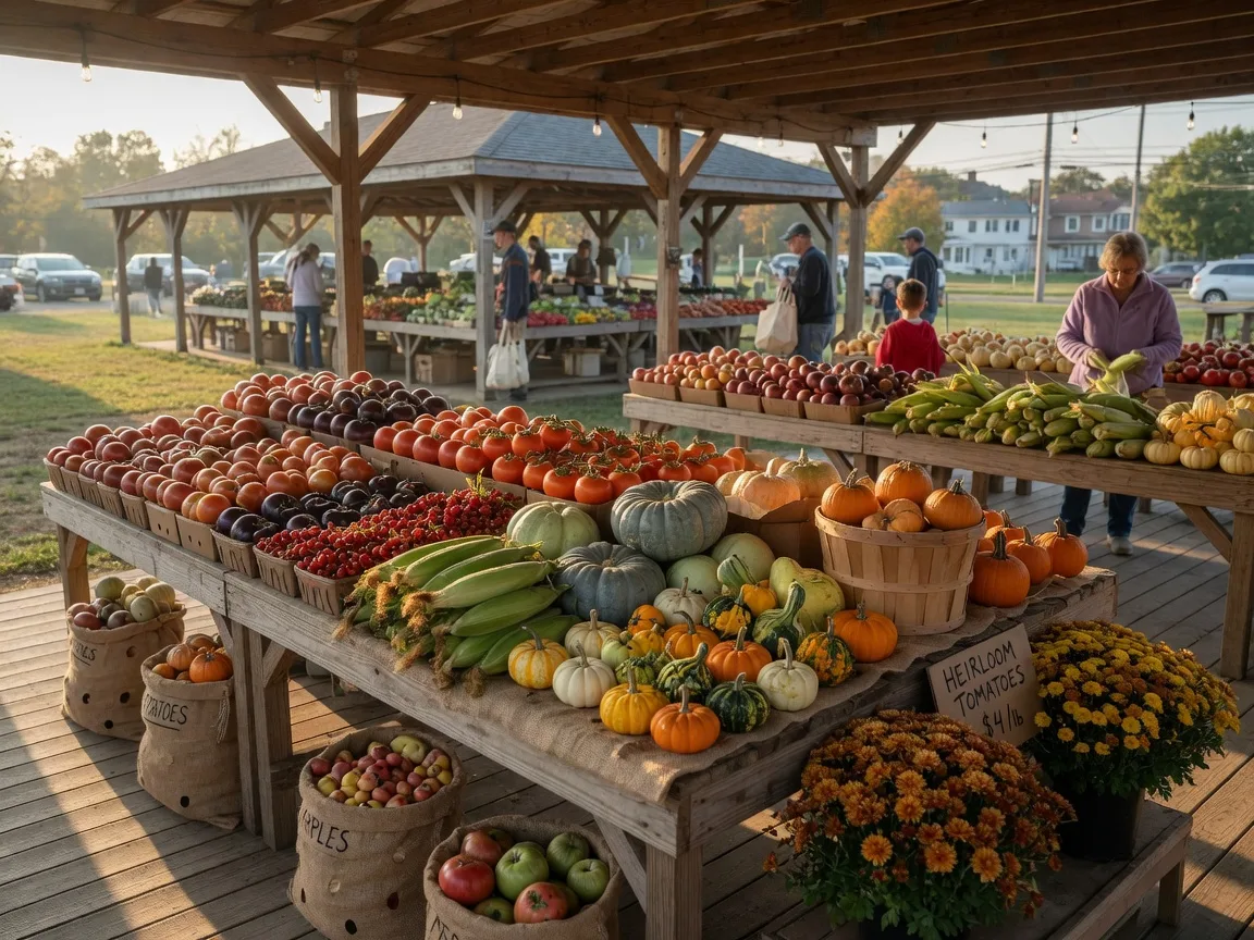 Wooden farmers market stalls piled with heirloom tomatoes, sweet corn, squash, mums and pumpkins under open-air pavilions in morning light