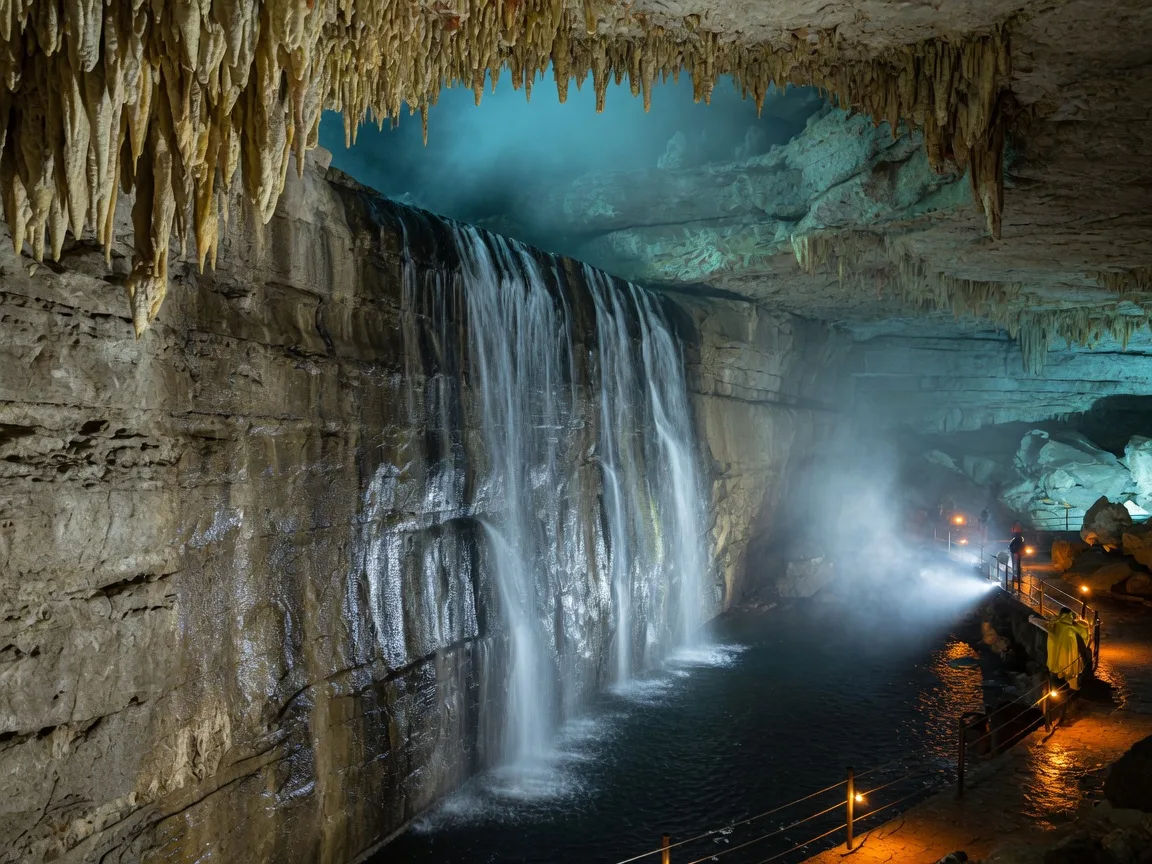 Water cascading about a hundred feet down a glistening limestone wall inside a cavern into a dark pool, with soft blue-green ambient light and rising mist at the base